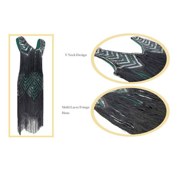 ✨💚 Flapper Great Gatsby 1920s Retro Tassel Fringe Sequin Green Dress XL NEW - Picture 6 of 17